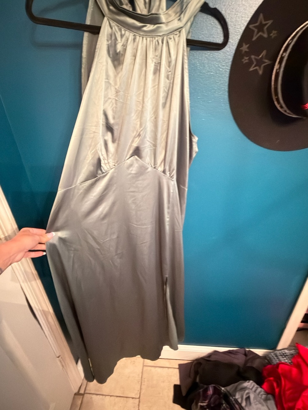 Satin Halter Maxi Dress in Silver Gray